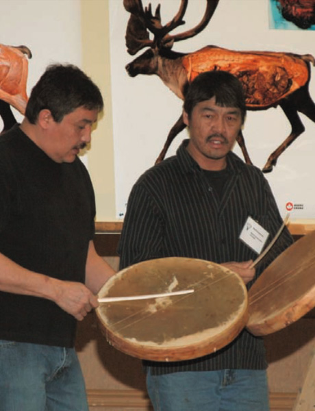 Drummers Matthew Mercredi of Fond du Lac, Saskatchewan (left) and David Joseyounen of Hatchet Lake